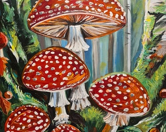 Rote Pilze Malerei Pilzmalerei Amanita Malerei Fliegenpilz Malerei Rote Pilze Waldlandschaft Malerei Waldmalerei