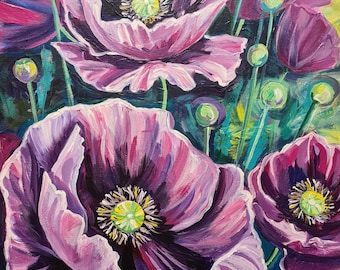 May include: A painting of purple poppies with green stems and leaves. The poppies are in full bloom and have a dark purple centre.