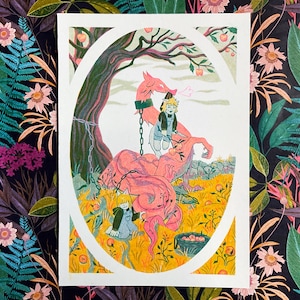 May include: An illustrated print featuring a whimsical scene with a pink creature, a person, and a tree with fruit. The artwork has a fairytale theme, with a child-like style and a warm color palette of pinks, yellows, and greens.