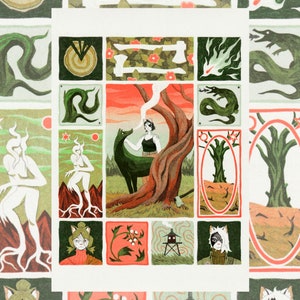 Puede incluir: Una ilustración colorida con una cuadrícula de 12 cuadrados. Cada cuadrado presenta una imagen diferente, incluyendo un lobo, un árbol, un gato y una flor. La ilustración es de estilo caprichoso con colores y contornos audaces.