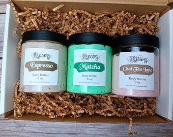 Cafe Body Butter Collection Gift Set - Espresso, Chai Tea Latte, Matcha Handmade Body Butters