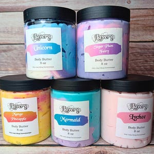 Silky Creamy Whipped Body Butter, 4 ounce, Rose, Lavender, Unicorn, Lychee, with Shea Butter Avocado Babassu