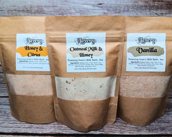 Handmade Foaming Goat's Milk Bath Powder Gift Set - Vanilla, Oatmeal, Honey & Citrus