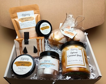 Spiced Caramel Pear Scented Holiday Spa Bath Gift Set Care Package Self Care