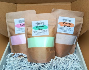 Handmade Foaming Goat's Milk Bath Powder Gift Set - Peach Apricot, Cucumber Melon, Lychee