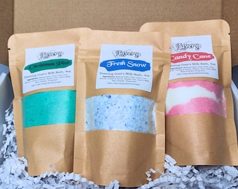 Foaming Goat's Milk Bath Powder Holiday Collection Gift Set - Christmas Pine, Fresh Snow, Candy Cane Handmade Bath Powders