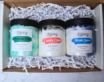 Holiday Body Butter Collection Gift Set - Candy Cane, Christmas Pine Scented Handmade Body Butters