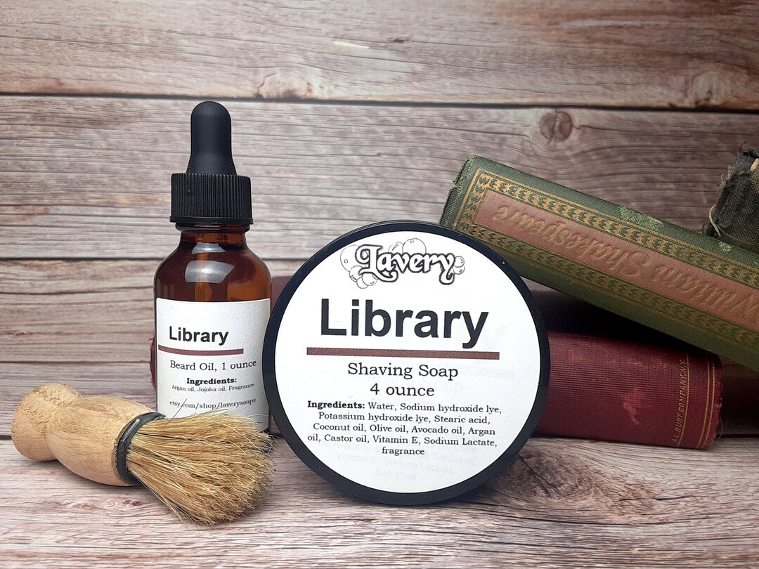 Luxurious Shaving Cream Bar and Beard Oil Set Library Fragrance or