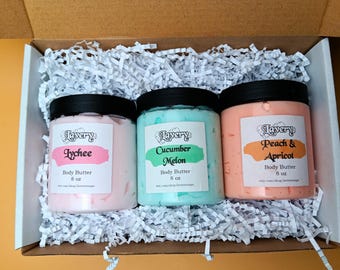 Handmade Body Butter Gift Set – Peach Apricot, Cucumber Melon, Lychee