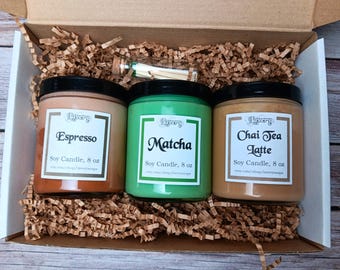 Cafe Candle Collection Gift Set - Espresso, Chai Tea Latte, Matcha Handmade Candles