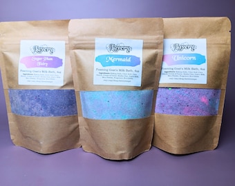 Handmade Foaming Goat's Milk Bath Powder Gift Set – Mermaid, Unicorn, Sugar Plum