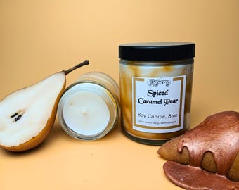 Spiced Caramel Pear Scented Holiday Christmas Soy Candle, 4 ounce 8 ounce