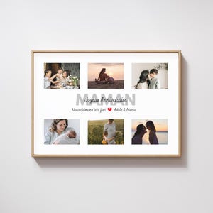 Peut inclure: Un cadre photo avec six photos de famille. Le texte "MAMAN Joyeux Anniversaire" est centré, avec les noms "Adèle & Marco" en dessous. Les photos sont disposées en deux rangées de trois.