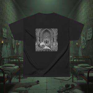 May include: A black t-shirt featuring a centered square graphic print. The illustration depicts a plague doctor mask resting on the floor of a gothic cathedral interior with arched columns, intricate stonework, and a vaulted ceiling.