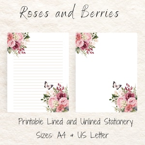 Pink Roses Stationery: Lined & Unlined Letter Writing Paper (Digital Download)
