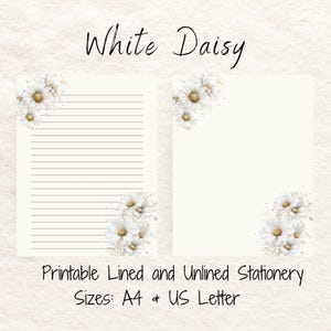 Carta da lettere stampabile con margherite, carta da lettere floreale, carta da lettere a righe e non, pagine di diario spazzatura, carta per appunti primaverile, download digitale