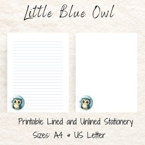 Printable Owl Stationery, Woodland Lined and Unlined Letter Writing Paper, Junk Journal Pages, Notetaking Paper, Kids&#39; Stationery, US and A4