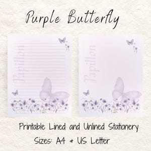 Papel de carta con diseño floral de mariposas moradas / Set de papelería imprimible de primavera / Papel rayado para escribir / Páginas en blanco para diario / Diario basura