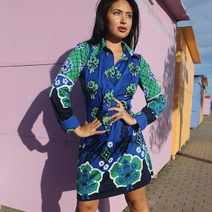 Vintage blauwe shirtjurk – jurk met lange mouwen, jaren 70-stijl, lentejurk voor dames, dagjurk, vintage damesmode
