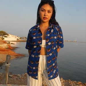 Vintage Blue Shirt | 90s Short Sleeve Button Down | Bold Retro Shirt | Unisex Vintage Shirt | Bright Blue Summer Top | 90s Cotton Shirt