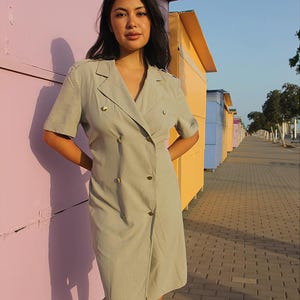 Silk Shirt Dress | Pale Grey Midi Dress | Short Sleeve Workwear Dress | Collared V Neck Dress | Button Front Silk Dress | Elevated Workwear
