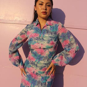 70s Blue Floral Maxi Dress – Vintage 70s Clothing, Sheer Long Sleeve Dress, Retro Collared Dress, Chic Maxi Dress, Vintage Dress