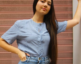 Short Sleeve Silk Blouse in Blue Grey