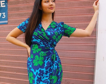 Floral Wrap Dress in Blue & Green