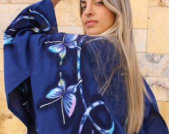 Long Kimono in Blue with Butterfly Print