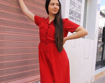 Vestido camisero largo de seda rojo