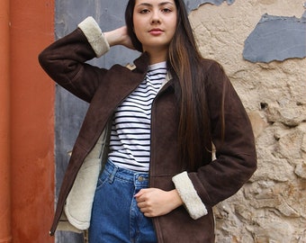 Brown Suede Jacket with Cream Shearling Lining