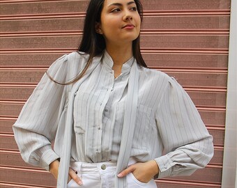 Pale Grey Silk Blouse with Neck Tie