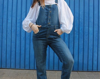Blue Dark Wash Denim Dungarees - Etsy