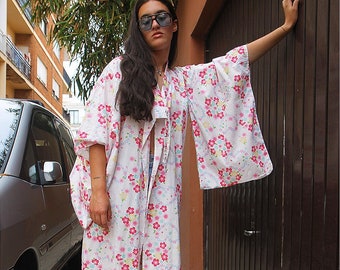 White & Pink Floral Long Kimono