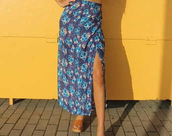Long Wrap Skirt in Blue Floral Print