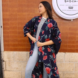 Long Kimono in Navy Blue Floral Print
