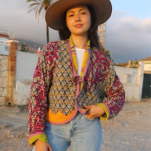 Hand-block Jungle Printed Short Jacket With Belt, Indian