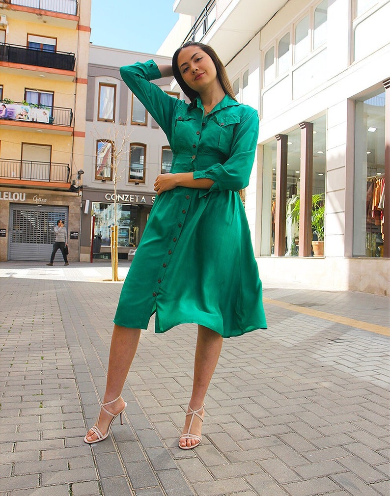 Turquoise Silk Long Sleeve Midi Dress