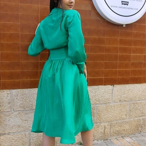 Turquoise Silk Long Sleeve Midi Dress