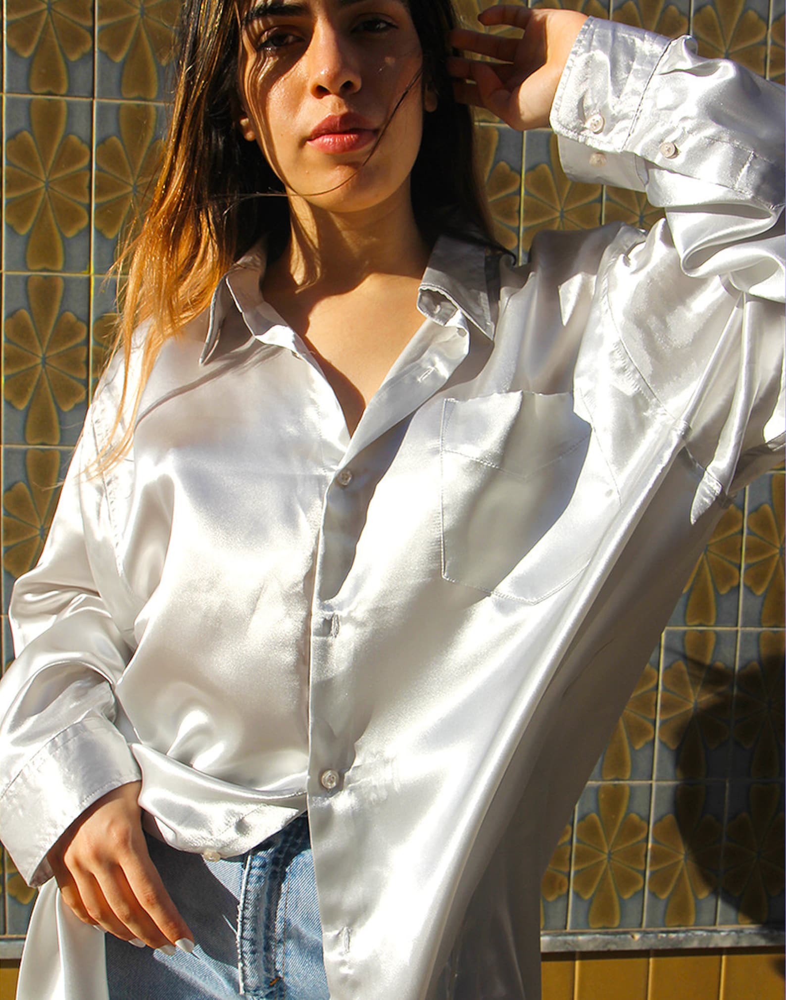 Silver Satin Oversized Fit Long Sleeved Shirt | Etsy