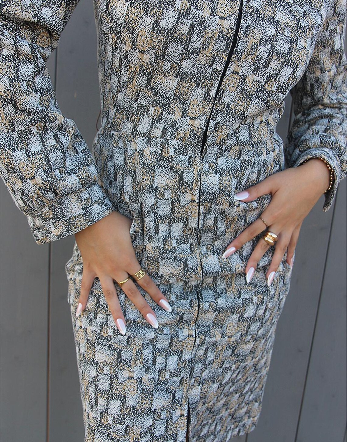 70s Retro Dress | Long Sleeve Midi Dress | Winter Dress | Printed Midi Dress | Vintage Dress | Grey Dress | Workwear | Winter Fashion, foto 3 di 5