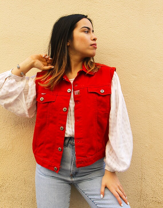 Red Denim Sleeveless Jean Jacket - Etsy