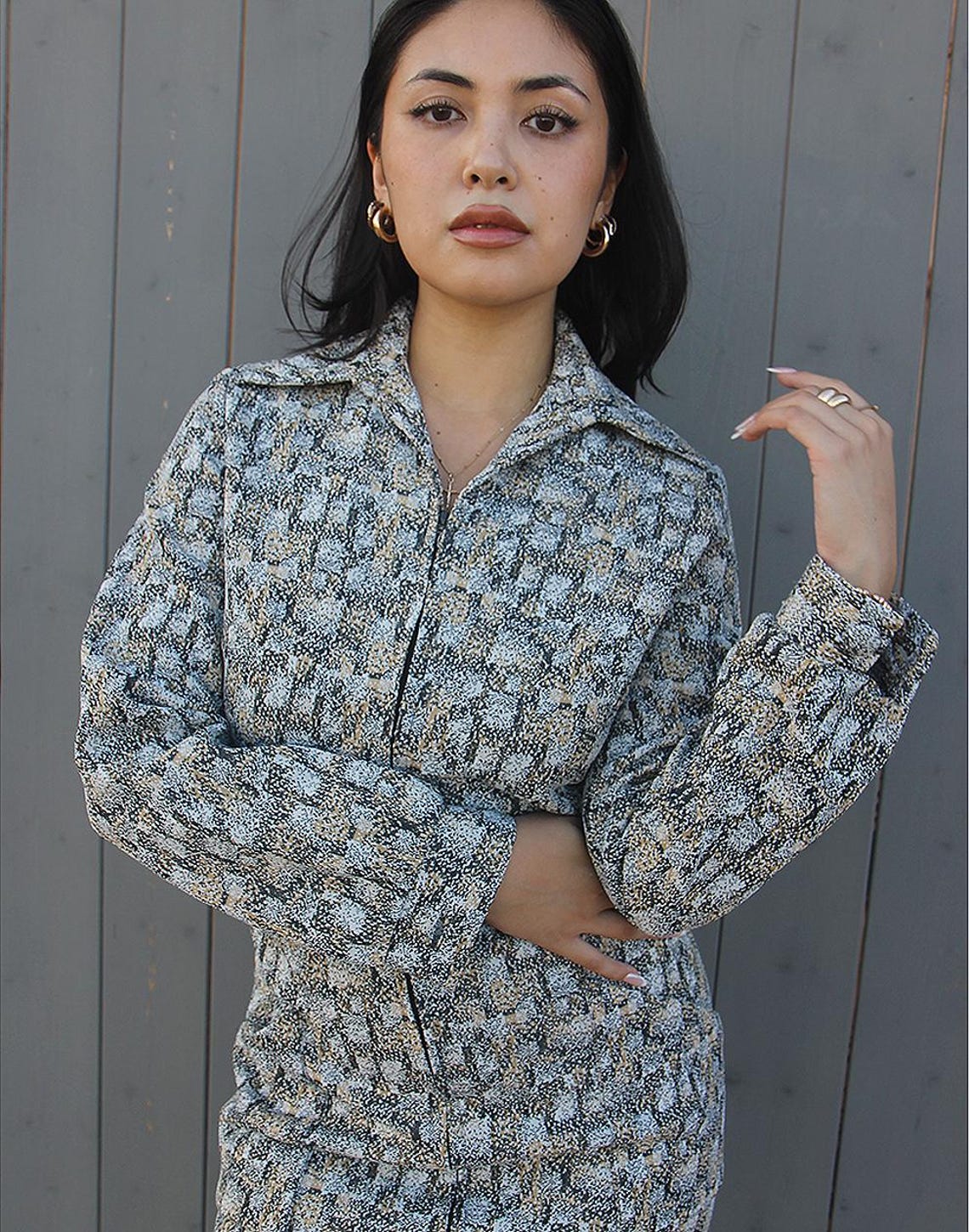 70s Retro Dress | Long Sleeve Midi Dress | Winter Dress | Printed Midi Dress | Vintage Dress | Grey Dress | Workwear | Winter Fashion, foto 2 di 5