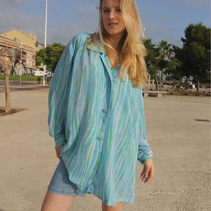 Pale Blue & Green Striped Blouse | Oversized Long Sleeve Shirt for Women | Vintage Summer Top | Plus Size Tops for Women
