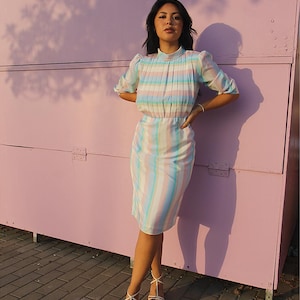 White Midi Dress | Pastel Striped Work Dress | Office Dress | Band Collar Half Sleeve Dress | Elegant Semi Formal Dress | Vintage Dress