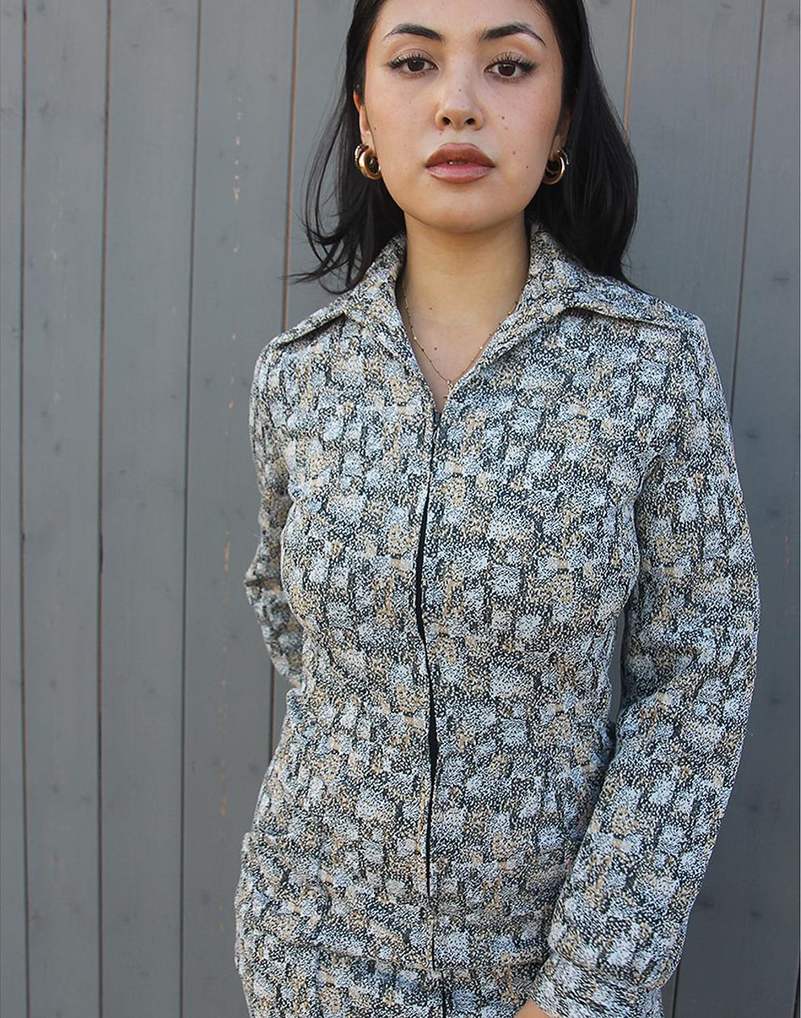 70s Retro Dress | Long Sleeve Midi Dress | Winter Dress | Printed Midi Dress | Vintage Dress | Grey Dress | Workwear | Winter Fashion, foto 4 di 5