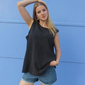 Navy Blue Silk Sleeveless Blouse | Scoop Neck Top | Summer Workwear | Silk Camisole | Blouses for Women | Plus Size Tops