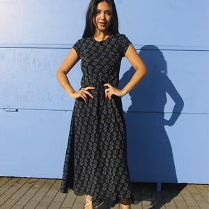 Long Black Silk Dress – Vintage Maxi Dress | Short Sleeve Work Dress | Formal Wedding Guest Outfit | Sustainable Black Dress for Women