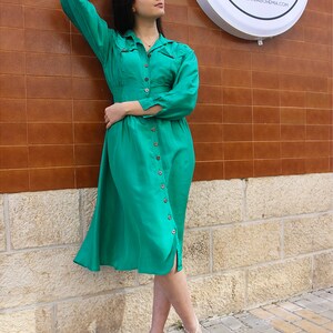 Turquoise Silk Long Sleeve Midi Dress