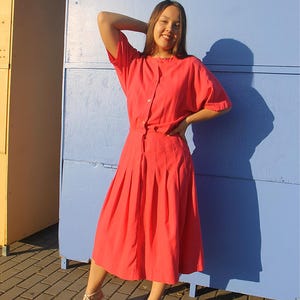 Vintage Pink Midi Tea Dress – Short Sleeve Silk Mix Dress with Pleated Skirt – Feminine Retro Spring Dress